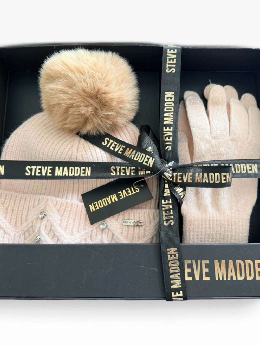 Steve Madden Women's Blush Pink Pom Beanie & Gloves Gift Set One Size NIB